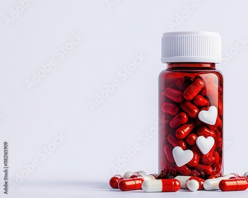 A Valentinethemed pill bottle with heartshaped labels for patient encouragement, medical design, romantic focus, festive charm photo