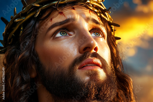 Close-up of Jesus on the cross with a peaceful and solemn expression - perfect for religious artwork and devotions