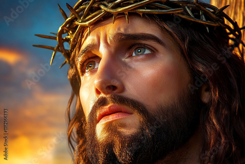 Close-up of Jesus on the cross with a serene expression - ideal for religious and spiritual themes