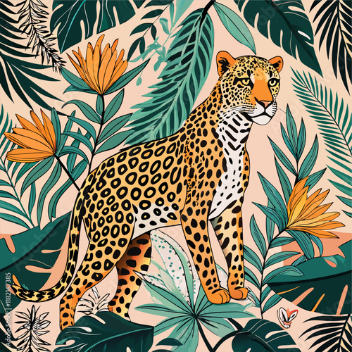 Set of print and seamless wallpaper pattern. Graceful leopard and exotic palm leaf