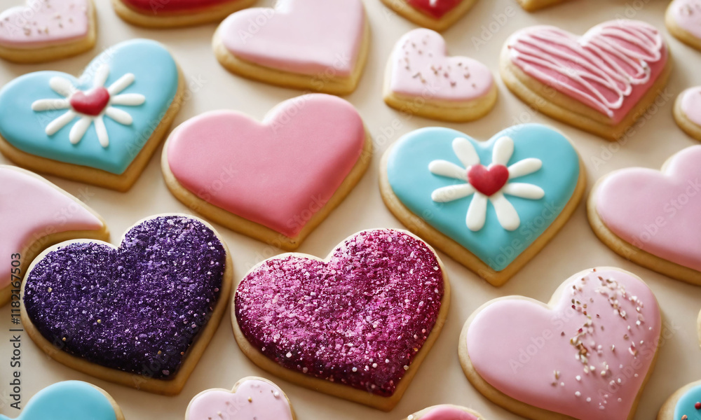 Fototapeta premium Colorful heart-shaped cookies decorated with icing and sprinkles for a festive celebration. Valentine’s Day idea, date, engagement party, love party, eat, food