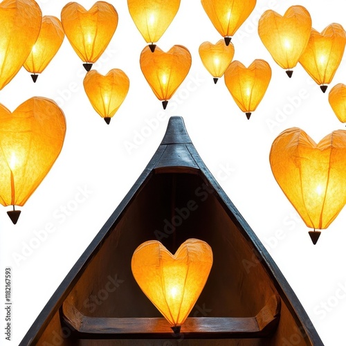 Heart-shaped lanterns illuminate a boat, creating a warm and romantic atmosphere with a captivating design. photo