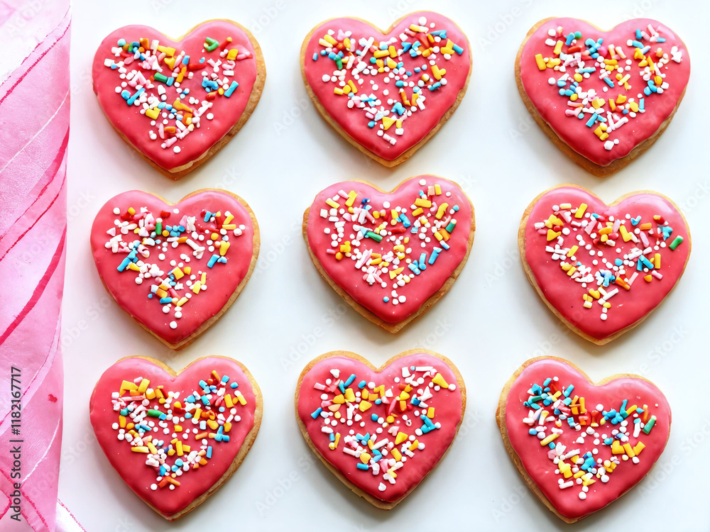 Heart-shaped cookies with colorful icing and sprinkles arranged on a white background. Valentine’s Day idea, date, engagement party, love party, eat, food Heart-shaped cookies with colorful icing and sprinkles arranged on a white background. Valentine’s Day idea, date, engagement party, love party, eat, food