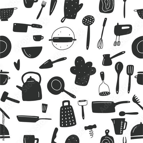 Vector seamless pattern from kitchen utensils and cutlery collection, hand drawn in doodles style
