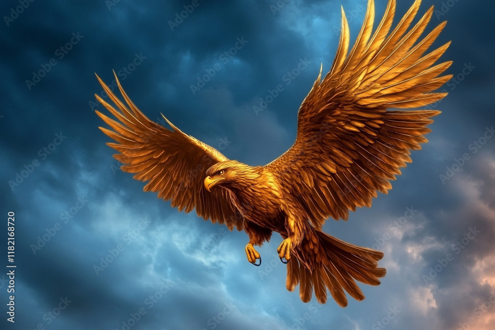 Obraz premium Griffin with golden wings soaring through a stormy sky - ideal for fantasy and mythical themes