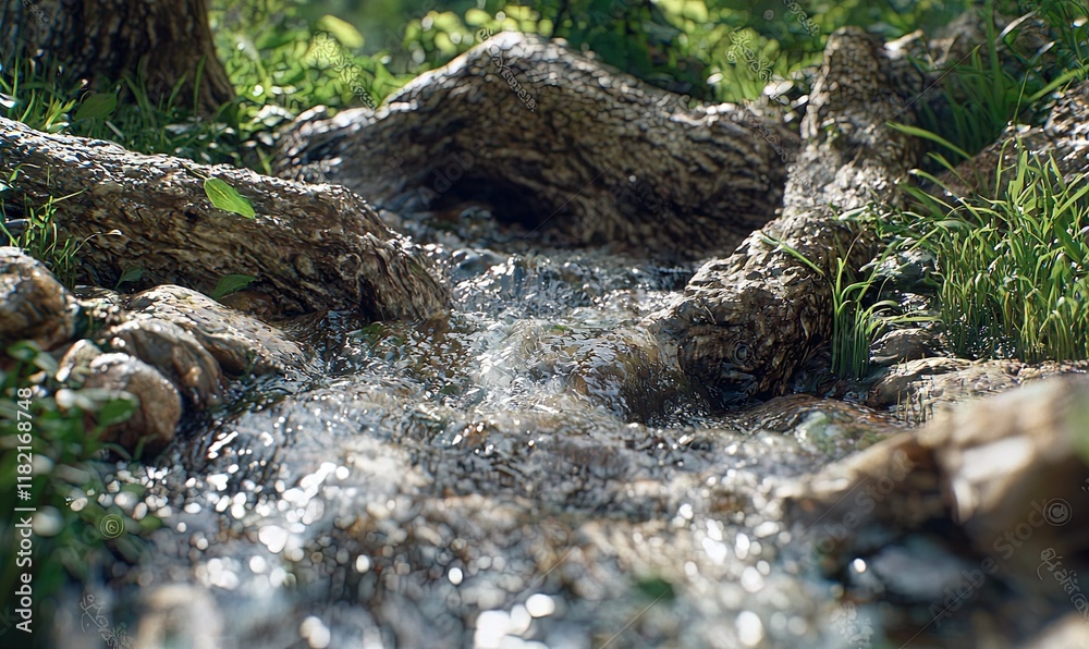 Forest stream flows over rocks and tree roots in sunny woodland. Forest stream flows over rocks and tree roots in sunny woodland.