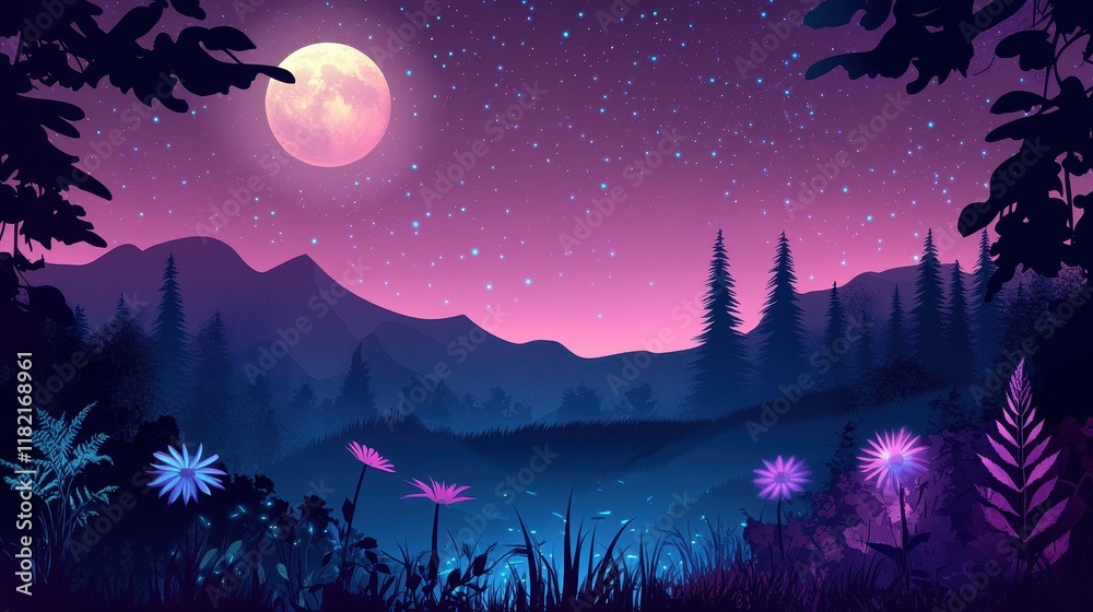 Fototapeta premium Serene Night Landscape With Full Moon And Glowing Flowers