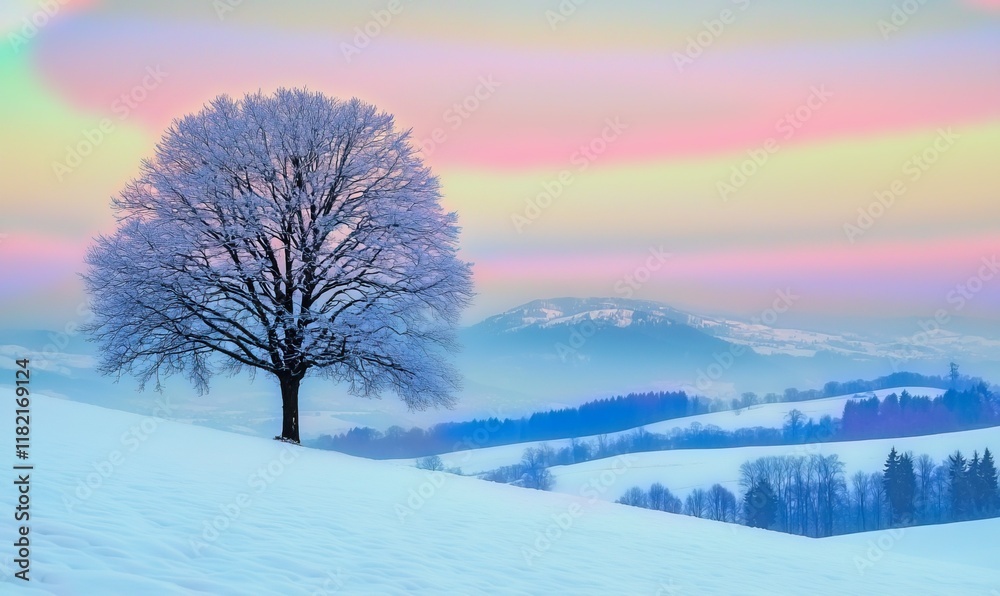 Frosty tree on snowy hill at sunrise with colorful sky and misty mountains.