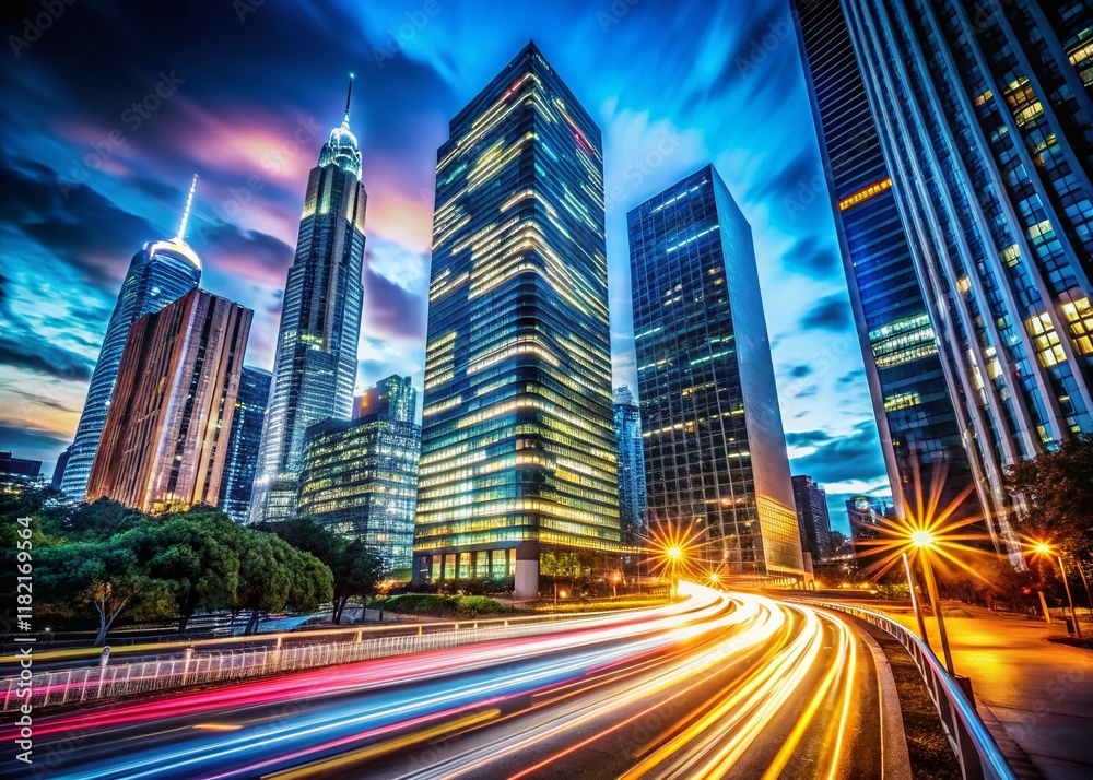 Fototapeta premium Stunning Long Exposure Real Estate Photography: Night City Lights & Modern Architecture