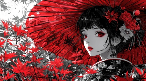 Anime Girl Red Umbrella Floral Setting