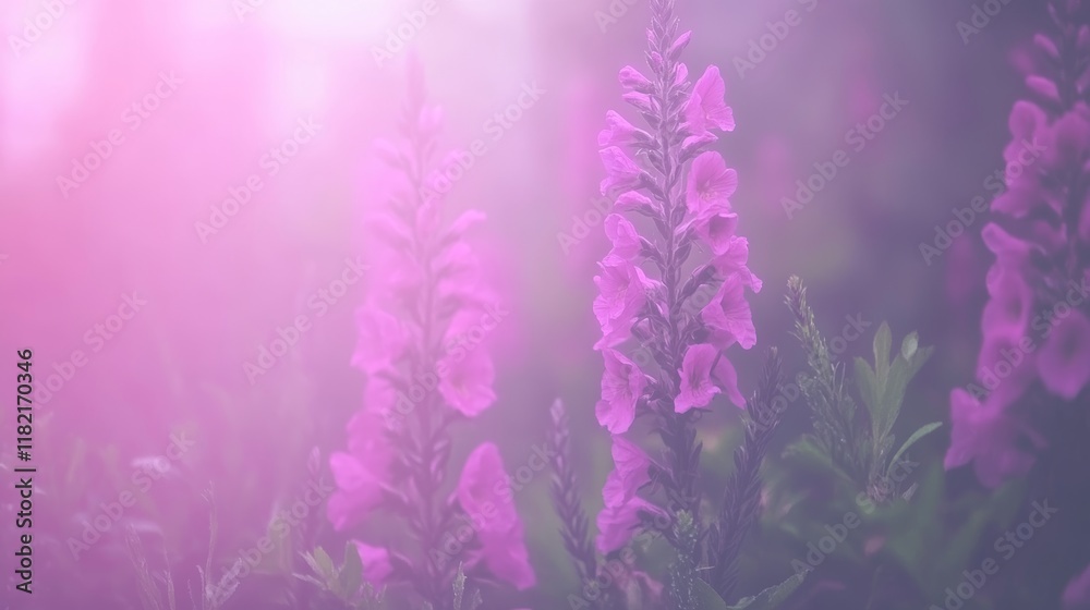 Fototapeta premium Misty Meadow Purple Flowers Soft Light Dreamy Scene