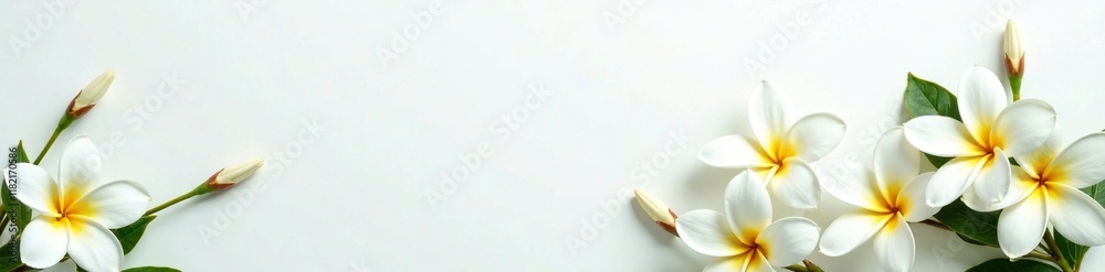Fototapeta premium Delicate white plumeria flowers against crisp white background, floral, petals, greenery