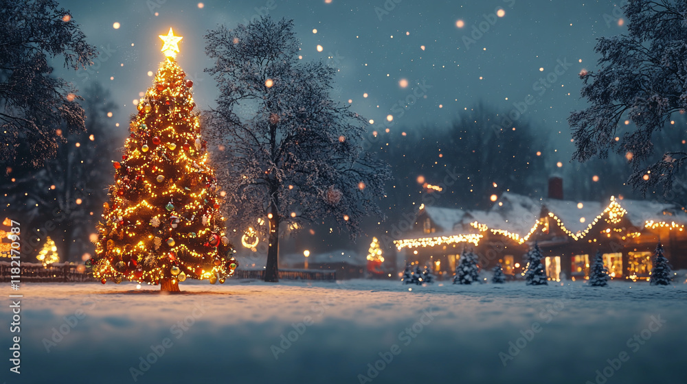 Fototapeta premium Sparkling Christmas tree glows against a snowy backdrop near a cozy cabin