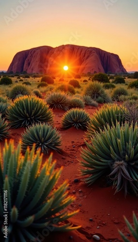 Desert vegetation under the golden light of Uluru at sunset, green plants, sunset, desert landcape photo