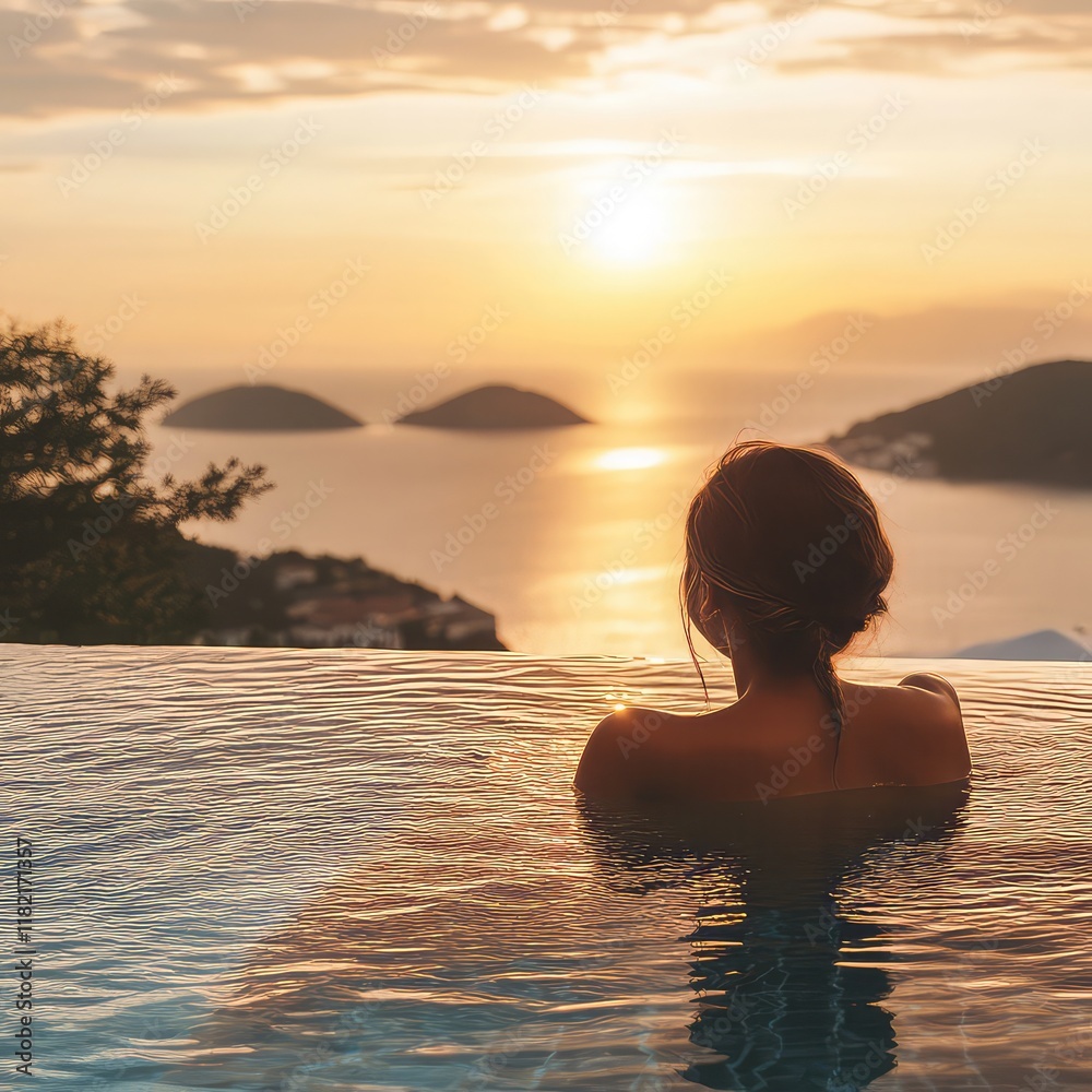 Relaxing in an Infinity Pool with Golden Sunset Coastal Views
