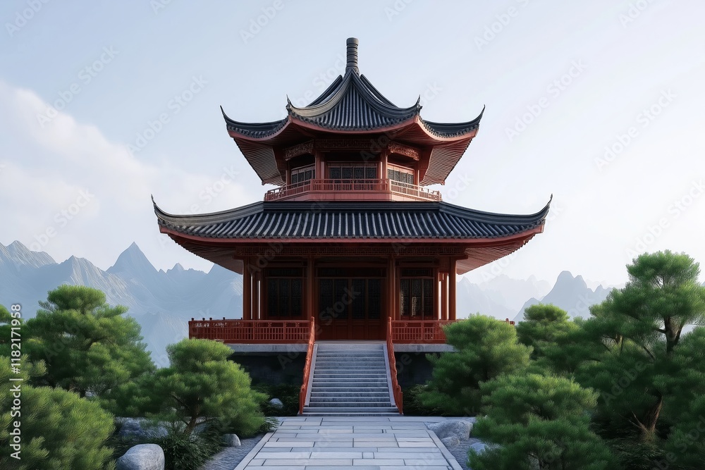 Obraz premium A traditional Chinese pavilion stands elegantly amidst lush greenery, with majestic mountains in the background. The architecture reflects cultural heritage and tranquility