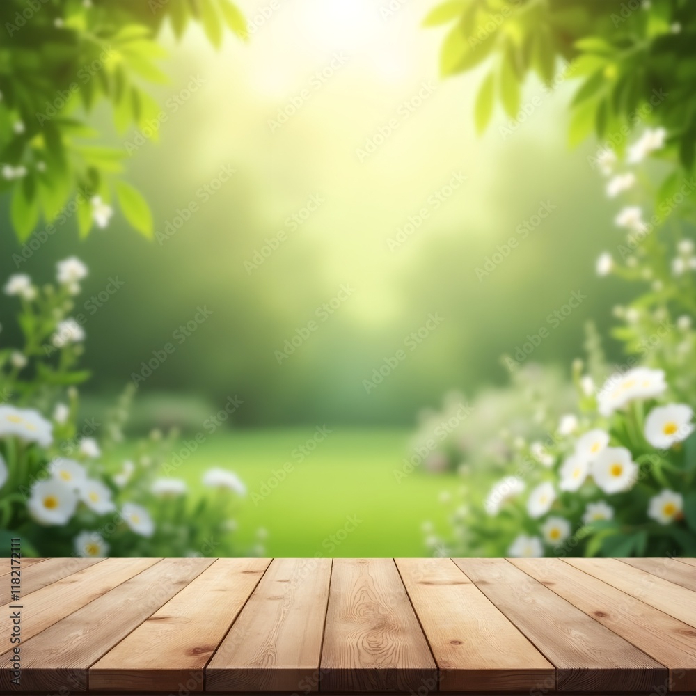 Selective focus.End grain wood counter top with cutting board on blur greeny flower garden in morning with nature light