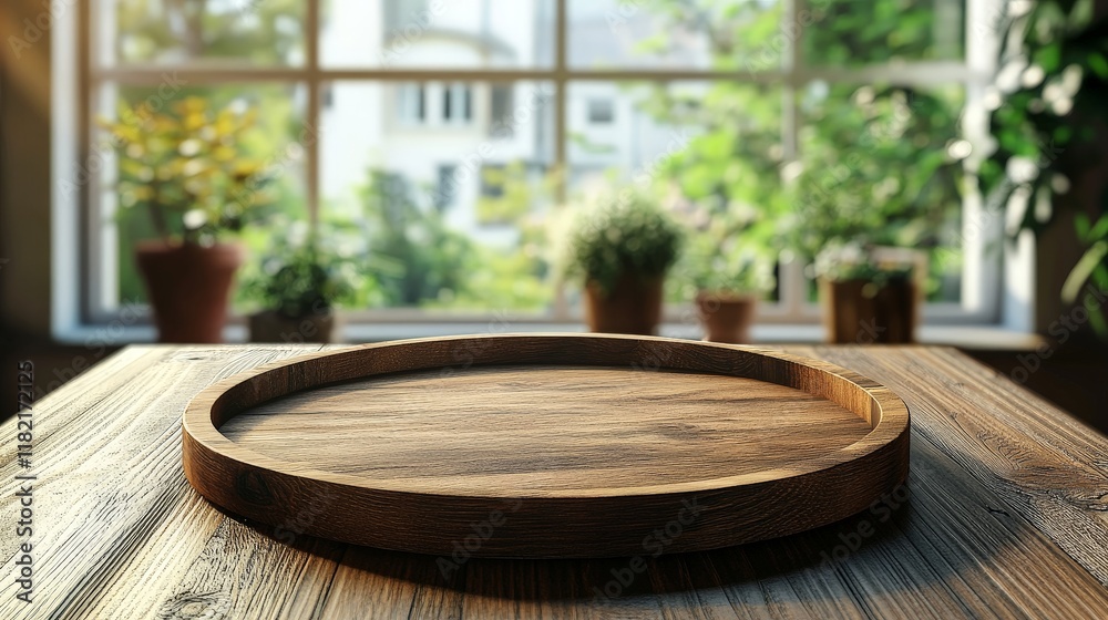 A rustic wooden plate set against a blurred home background, providing a natural and inviting setting for food or product photography. A rustic wooden plate set against a blurred home background, providing a natural and inviting setting for food or product photography.