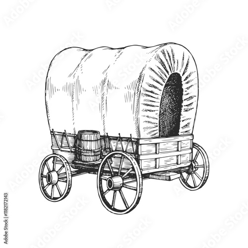 Vector illustration of vintage covered wagon. Pioneer vehicle from the Wild West. Symbol of historical America.