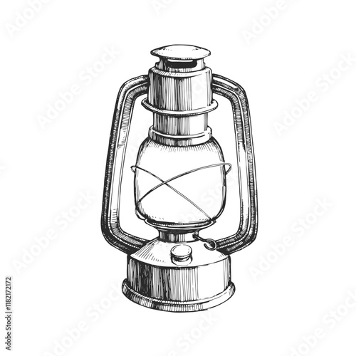 Vector hand-drawn illustration of kerosene lamp. Black and white sketch of vintage lantern. Camping illumination.