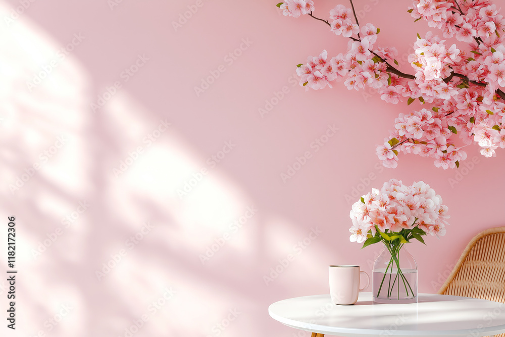Fototapeta premium serene pink interior featuring table with vase of pink flowers and cup. soft shadows create calming atmosphere, perfect for relaxation and enjoyment