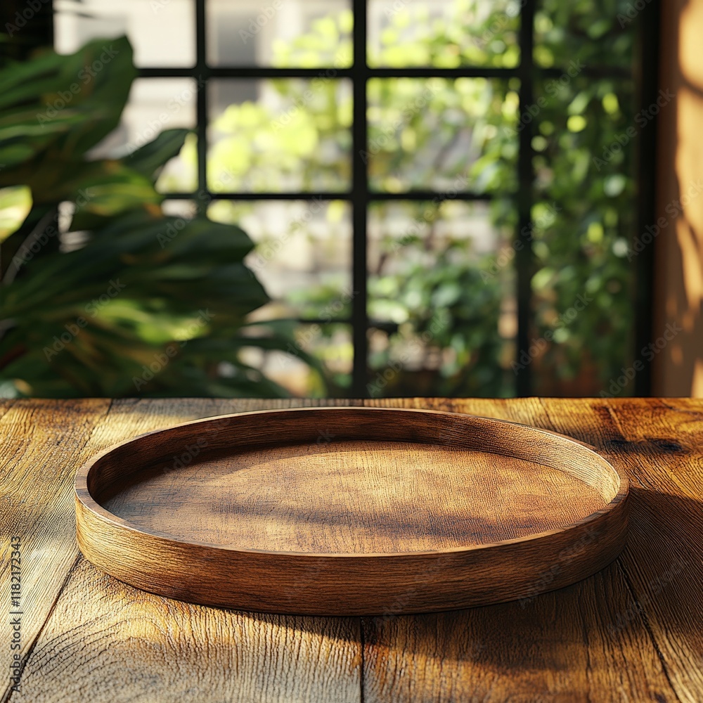 A rustic wooden plate set against a blurred home background, providing a natural and inviting setting for food or product photography. A rustic wooden plate set against a blurred home background, providing a natural and inviting setting for food or product photography.
