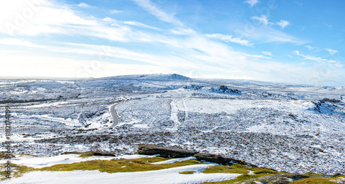 Dartmoor view taken from Haytor rock on Dartmoor on a snowy winters day. Panoramic picture showing the granite moorland taken in the Dartmoor National park in Devon. photo