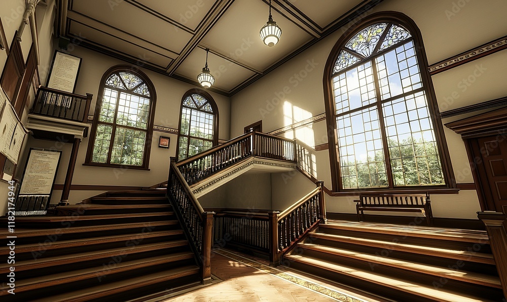 Obraz premium Grand staircase in classic university hall with natural light.