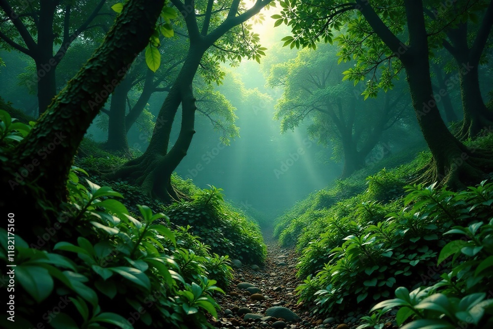 Fototapeta premium Lush undergrowth and thorny shrubs hiding hidden clearings, jungle, dense, concealed