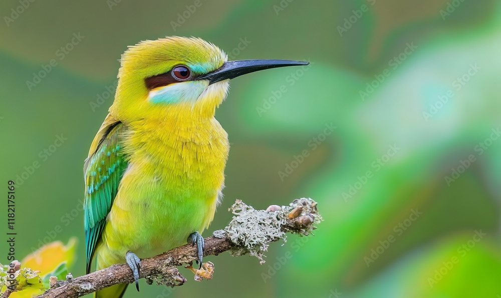 Obraz premium Green bee-eater perched on branch, blurred green background.