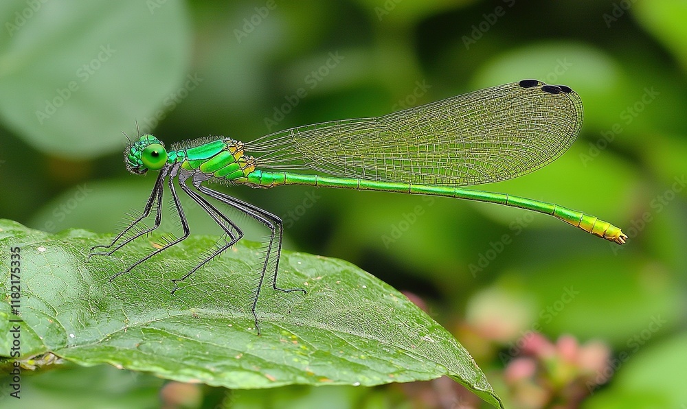 Green dragonfly perched on leaf in lush garden, close-up nature image for wildlife projects. Green dragonfly perched on leaf in lush garden, close-up nature image for wildlife projects.