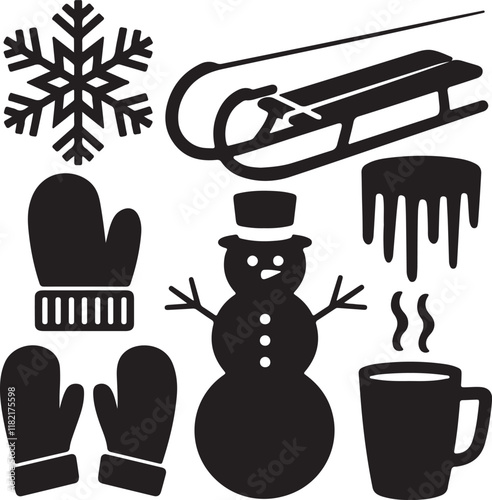  A set of design elements like snow flax, hand gloves,  coffee mug. 
