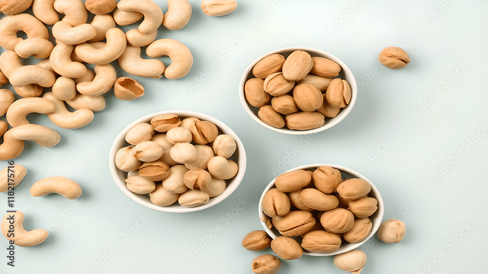 Three White Bowls of Nuts on Light Blue Background with Cashews Three White Bowls of Nuts on Light Blue Background with Cashews