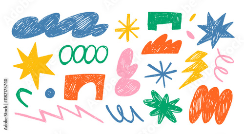 Abstract linocut geometric funky shapes and stickers. Abstract retro groovy icons drawn with colored crayon or pencil. Hand drawn geometric retro shapes and forms in kid's style. Cartoon style icons.
