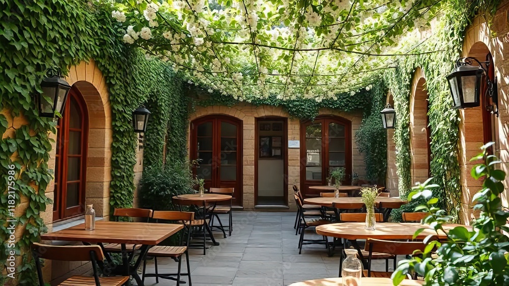 Fototapeta premium Secluded Courtyard Oasis: A tranquil escape, lush greenery drapes over a charming courtyard patio, creating a serene ambiance perfect for relaxation or al fresco dining.