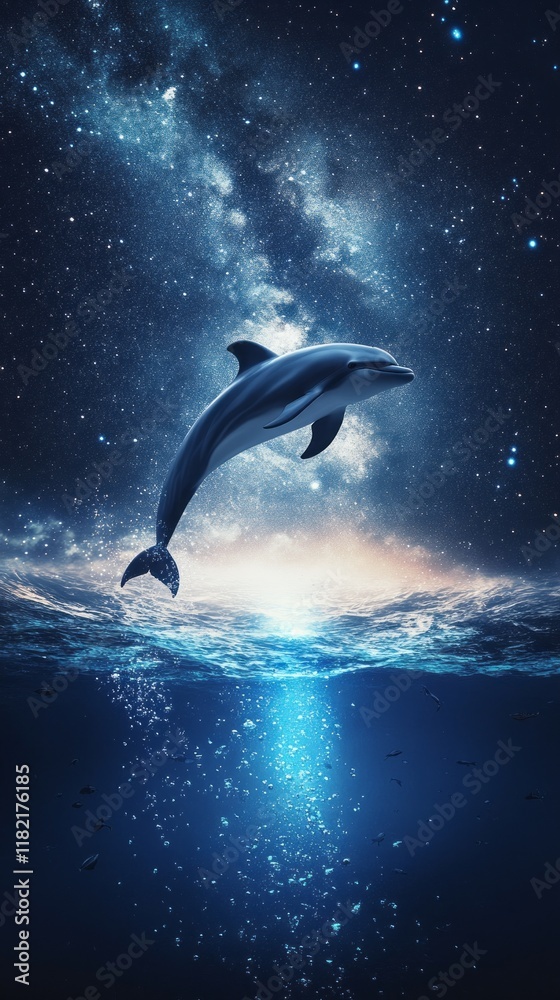 Fototapeta premium In a mesmerizing display, a dolphin arcs gracefully through a radiant glow, surrounded by deep blue waters under a blanket of twinkling stars. The celestial backdrop creates a magical atmosphere