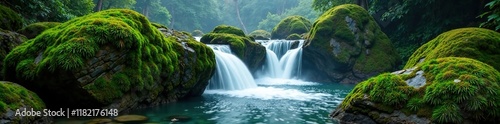 Moss-covered boulders surround misty waterfall, atmospheric, moss, forest