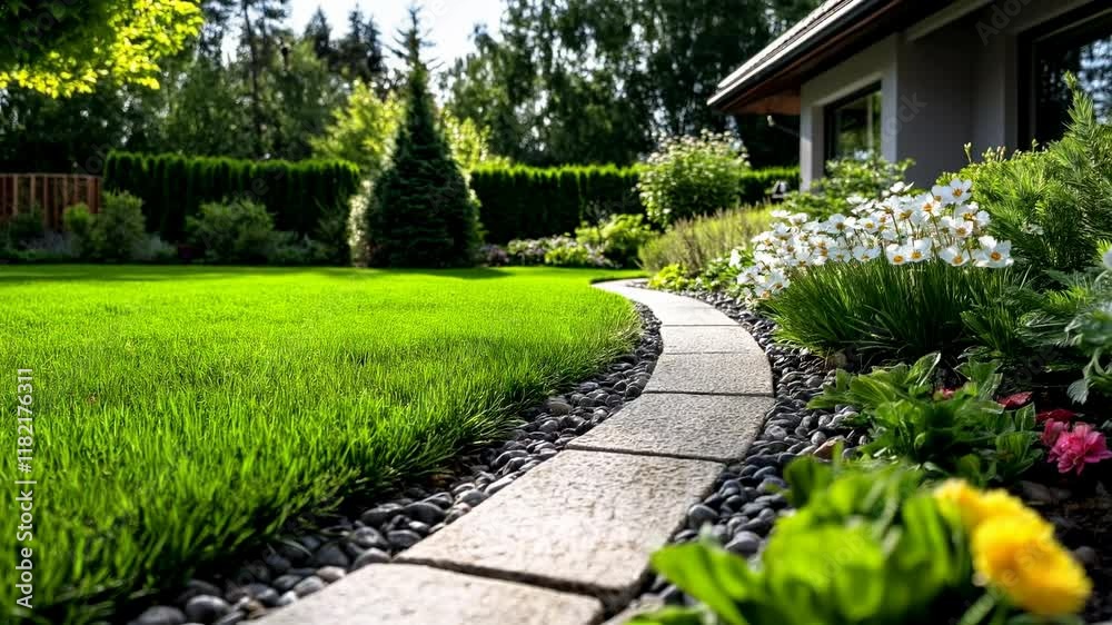 Landscaped garden with curved stone path and white flowers. Landscape design companies, real estate agencies, garden maintenance services Landscaped garden with curved stone path and white flowers. Landscape design companies, real estate agencies, garden maintenance services