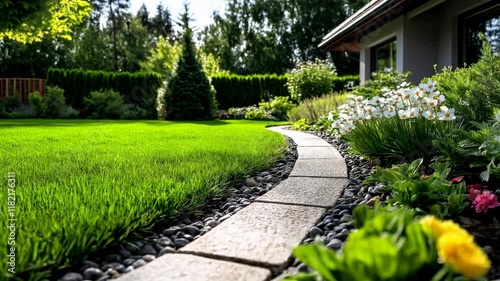 Landscaped garden with curved stone path and white flowers. Landscape design companies, real estate agencies, garden maintenance services