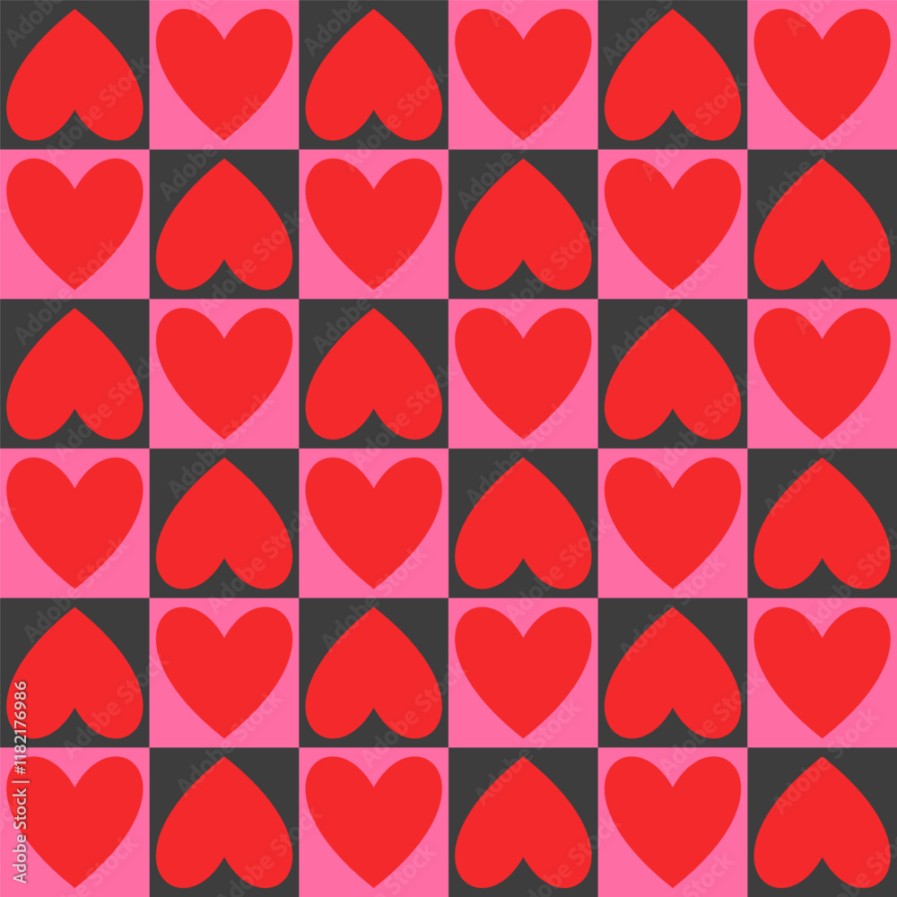 Fototapeta premium Seamless pattern with hearts on a checkered background. Modern retro illustration for decoration. Aesthetic vector print in style 60s, 70s.