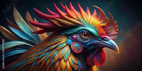 Stylized Rooster Head, Artistic Bird Portrait, Colorful Poultry Illustration photo