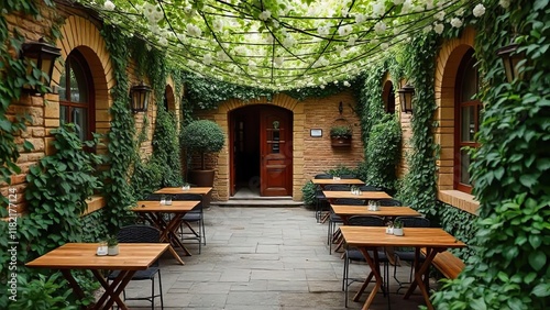 Serene Courtyard Cafe: A tranquil outdoor patio restaurant, nestled amongst lush greenery and climbing vines, offers a peaceful ambiance for dining and relaxation. photo