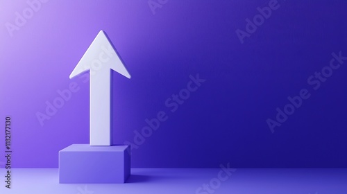The design showcases a sleek, geometric arrow rendered in 3D and simplified to an abstract form, set against a vibrant blue and pink gradient background