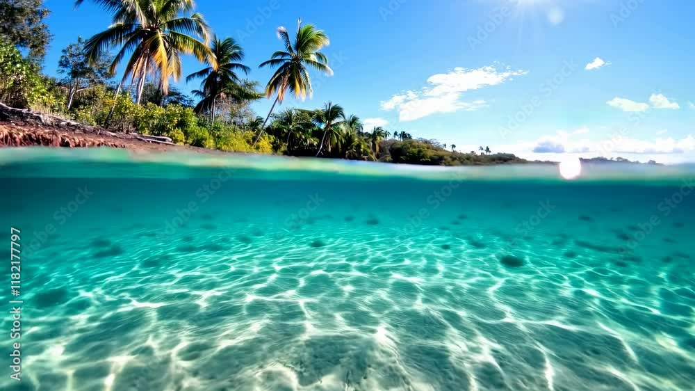 Tropical beach with underwater view and palm trees. Resort hotels, water sports, travel agencies Tropical beach with underwater view and palm trees. Resort hotels, water sports, travel agencies