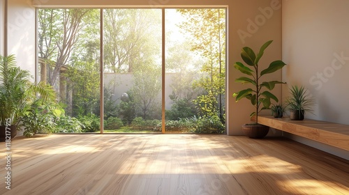 Sunlit Minimalist Room Wooden Floor, Green Garden View, Plants, 3D Render, Interior Design Interior Design, 3D Rendering