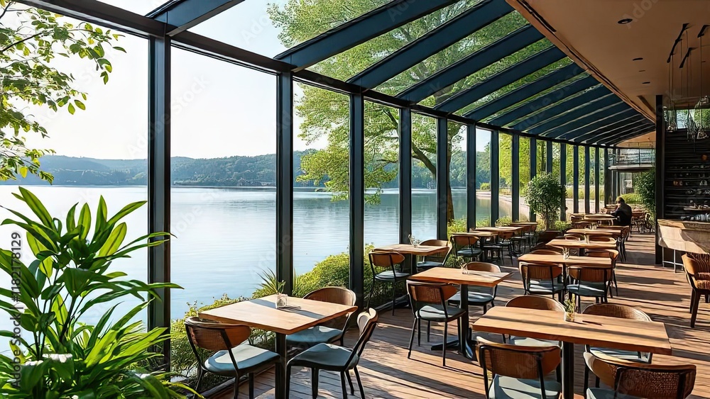 Fototapeta premium Lakeside Restaurant: Tranquil Dining with Breathtaking Views 