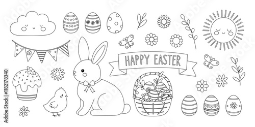 Easter spring elements coloring page. Outline set with rabbit, chicken, eggs, basket, flowers, butterflies. Cute holiday collection. Coloring book for print