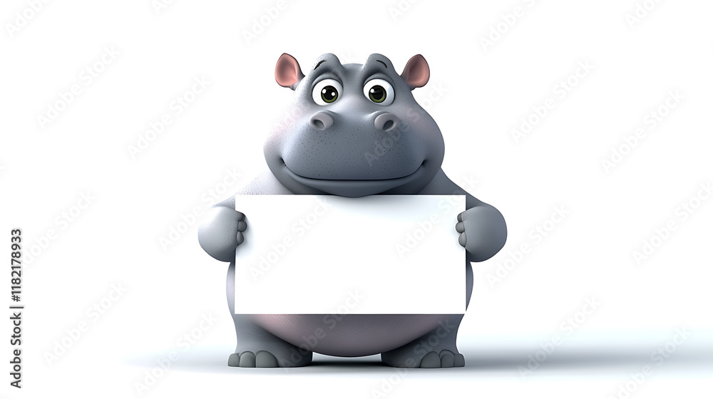Naklejka premium A cartoon hippo holds a blank sign, inviting messages or illustrations.