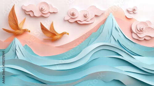 Creating Serene Paper Craft Art Mountain Range Visual Artwork Tranquil Environment Aerial View Powder Blue Peaks