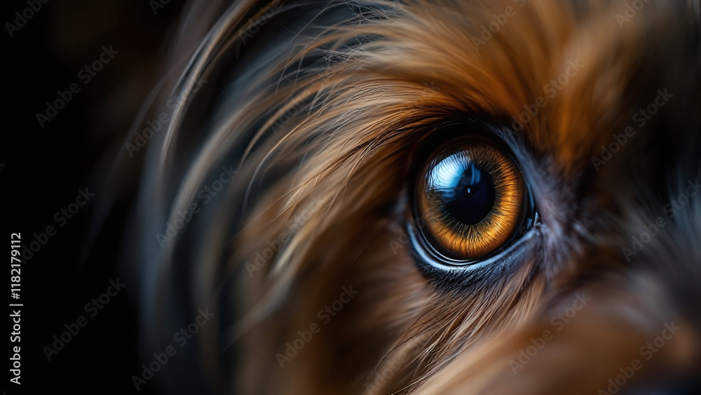 Naklejka premium Close-up of a Yorkie dog's expressive eye shining against a dark background.